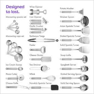 Klee Stainless Steel Complete Kitchen Utensil Set - 29 Pieces Heat Resistant, Plastic Free, Non-Toxic, Food Safe Kitchen Essentials for Home, School, Business and Camping Use