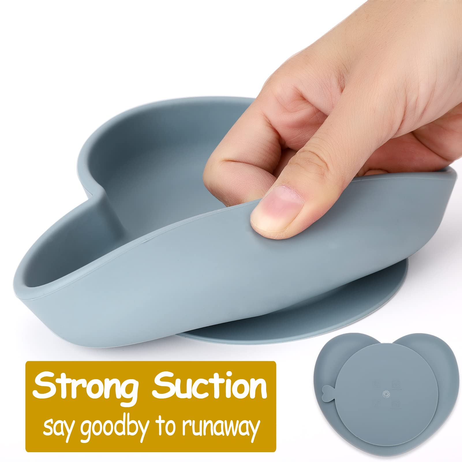 Suction Plate, Socub Silicone Plate for Baby and Toddler, Unbreakable Non-Slip Kids Plates with Spoon and Fork, BPA Free, Dishwasher and Microwave Safe, Muted