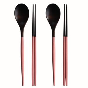 chopsticks reusable korea traditional spoon and chopsticks set, 2 pair lacquer wooden chopsticks spoon (pink)