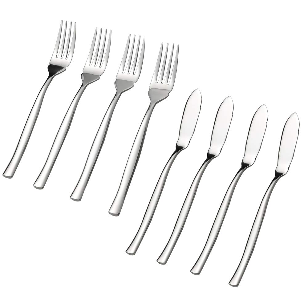 Idomy 8-Piece Stainless Steel Fish Forks Fish Knives, Fish Serving Fork and Fish Serving Knife