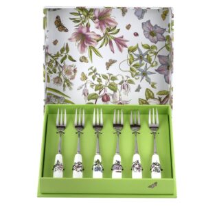 portmeirion botanic garden pastry forks | 6 inch dessert forks | set of 6 forks with assorted floral motifs | made from stainless steel with porcelain handles