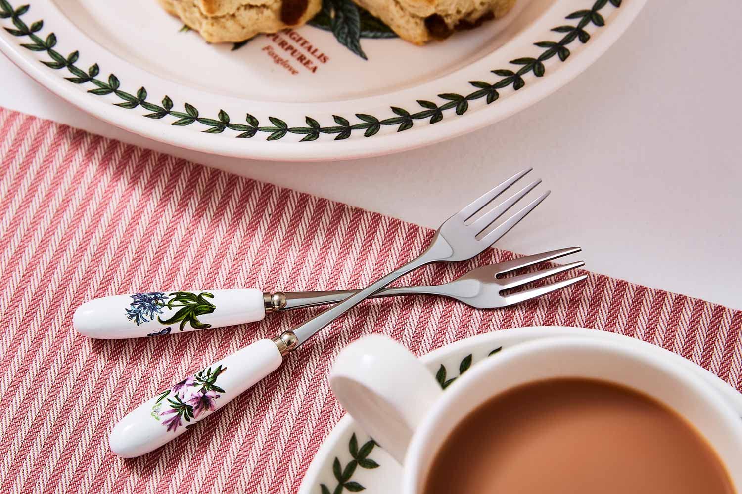 Portmeirion Botanic Garden Pastry Forks | 6 Inch Dessert Forks | Set of 6 Forks with Assorted Floral Motifs | Made from Stainless Steel with Porcelain Handles