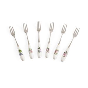 Portmeirion Botanic Garden Pastry Forks | 6 Inch Dessert Forks | Set of 6 Forks with Assorted Floral Motifs | Made from Stainless Steel with Porcelain Handles