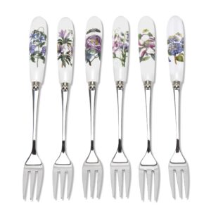 Portmeirion Botanic Garden Pastry Forks | 6 Inch Dessert Forks | Set of 6 Forks with Assorted Floral Motifs | Made from Stainless Steel with Porcelain Handles