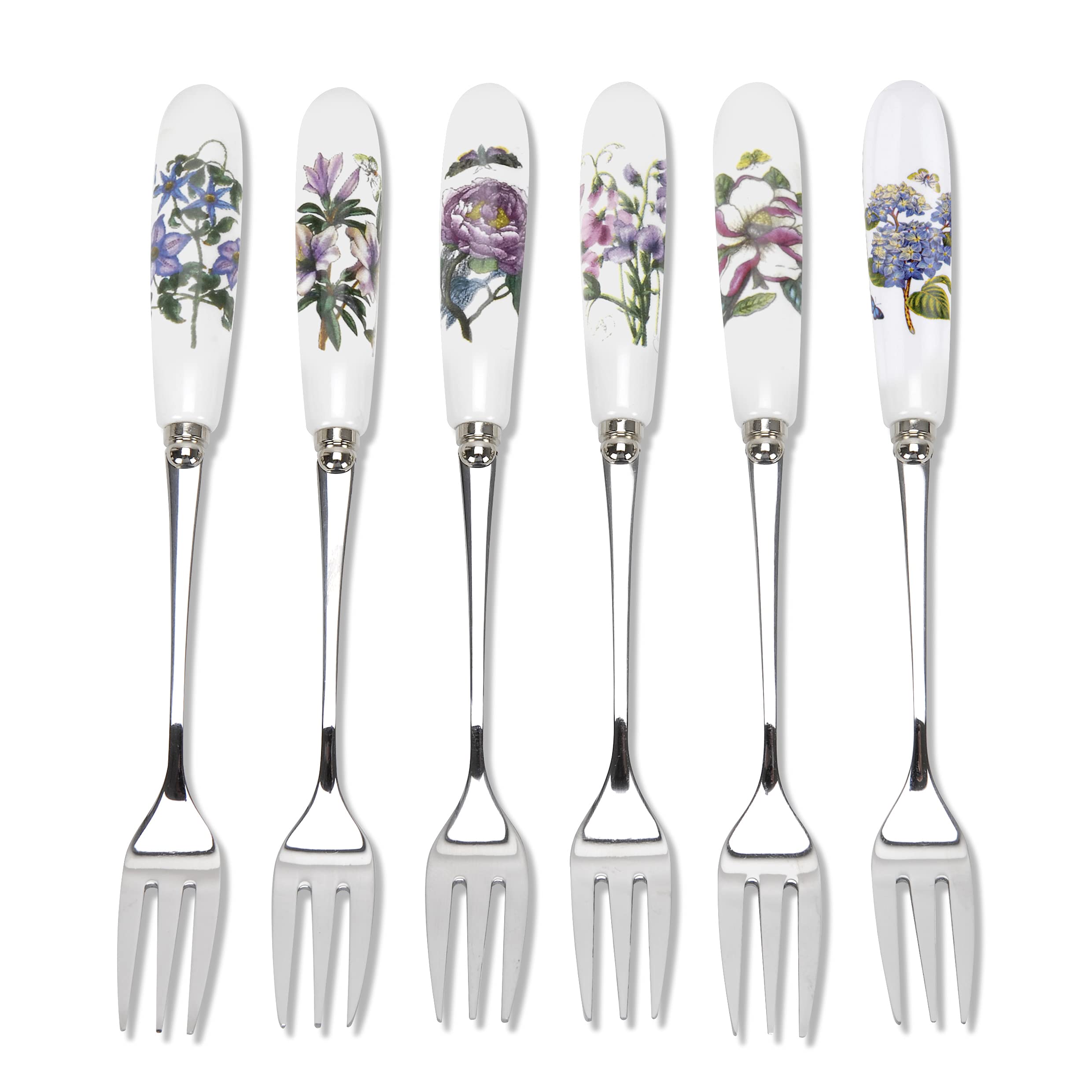 Portmeirion Botanic Garden Pastry Forks | 6 Inch Dessert Forks | Set of 6 Forks with Assorted Floral Motifs | Made from Stainless Steel with Porcelain Handles
