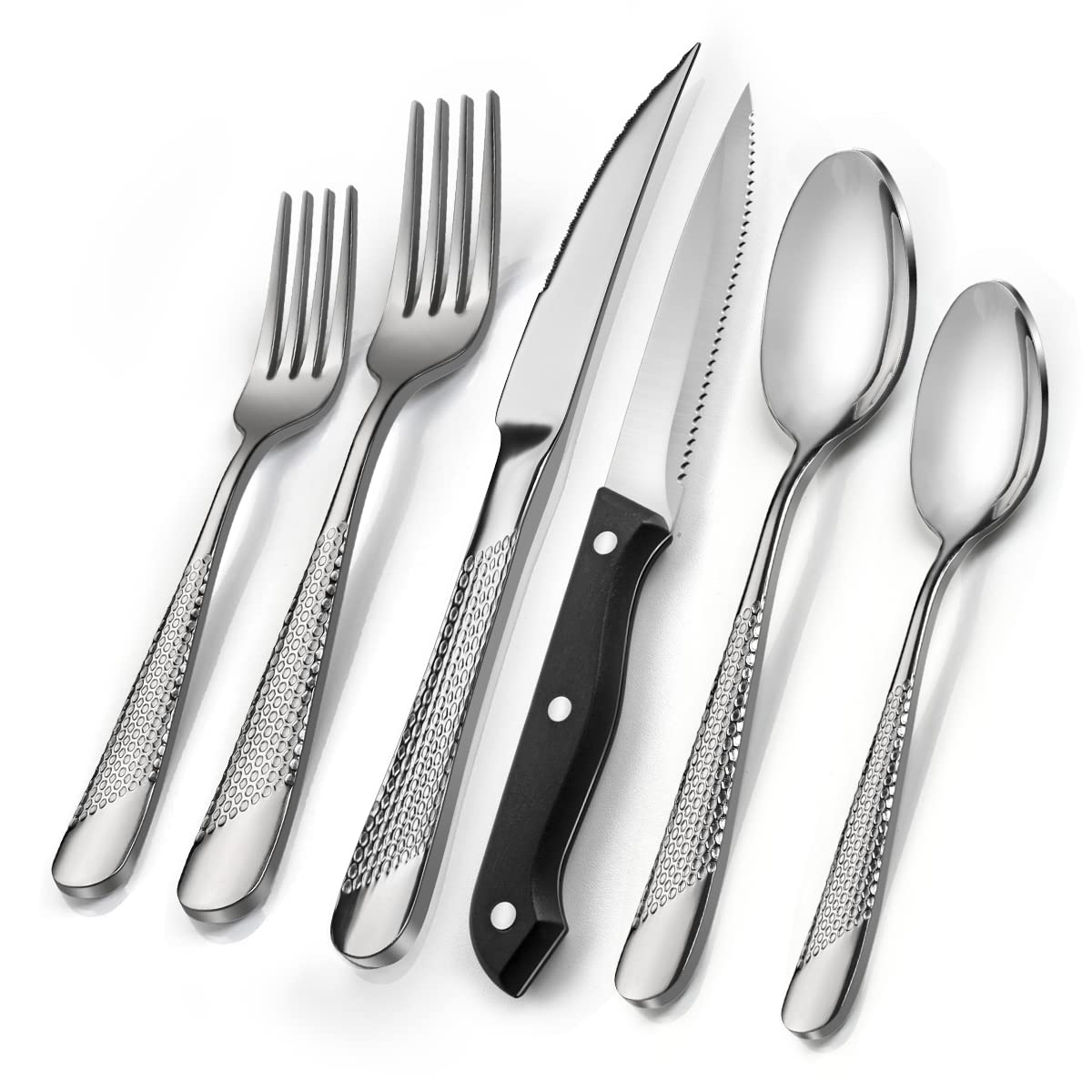 Stainless Steel Flatware Sets, 48-Piece Silver Hammered Sliverware Set with Steak Knife, Kitchen Utensil Set Service for 8, Mirror Polished Tableware Set For Home Restaurant Hotel