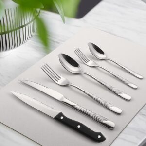 Stainless Steel Flatware Sets, 48-Piece Silver Hammered Sliverware Set with Steak Knife, Kitchen Utensil Set Service for 8, Mirror Polished Tableware Set For Home Restaurant Hotel