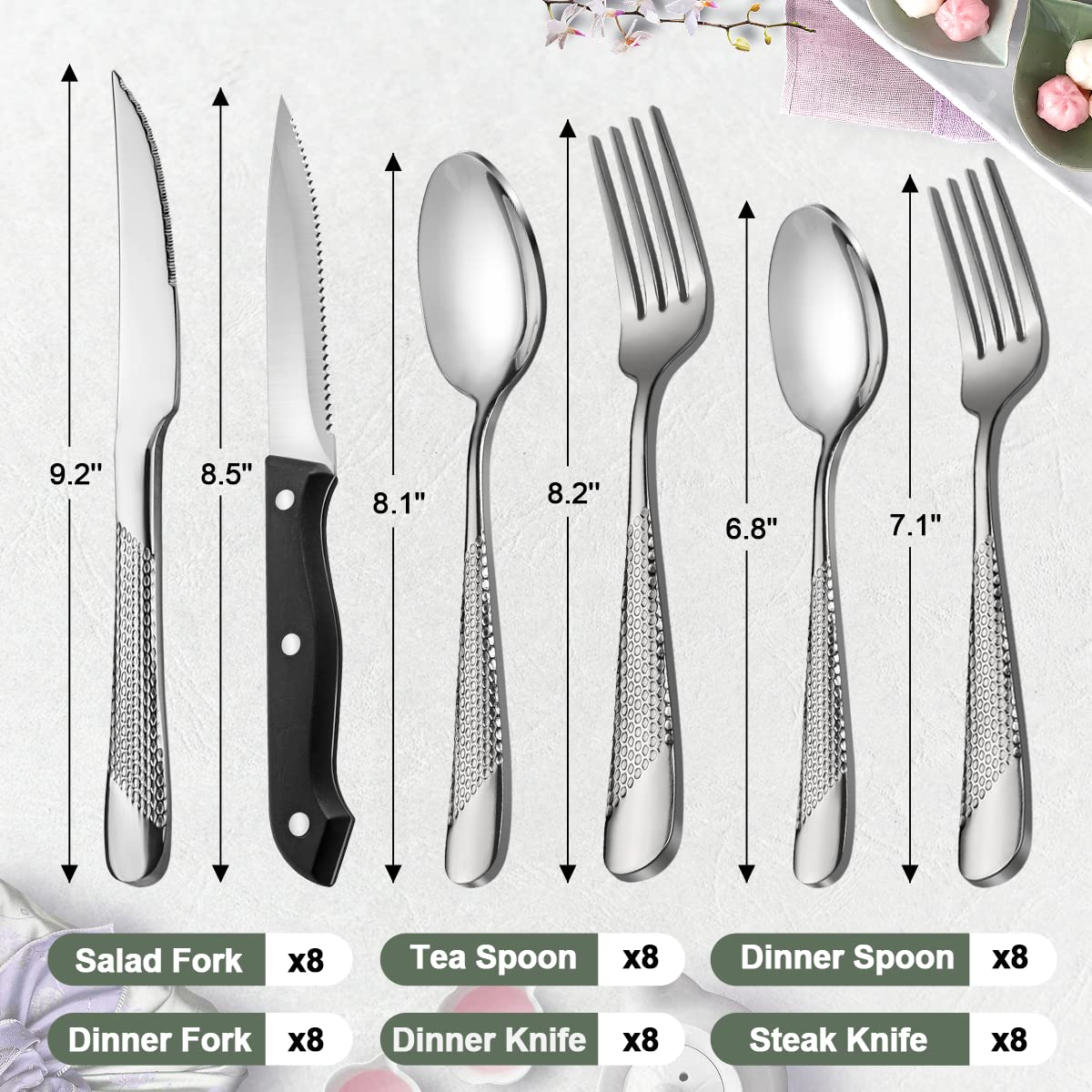 Stainless Steel Flatware Sets, 48-Piece Silver Hammered Sliverware Set with Steak Knife, Kitchen Utensil Set Service for 8, Mirror Polished Tableware Set For Home Restaurant Hotel