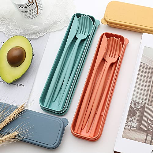 WJINGS 4 Sets Wheat Straw Cutlery, Portable Cutlery Set, Reusable Travel Flatware Set, for Lunch Boxes Workplace Camping School Picnic or Daily Use (Green, yellow, orange, blue)