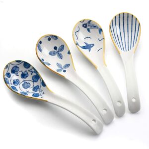 iqcwood asian soup spoons, 6.2inch ceramic chinese soup spoons, japanese soup spoon for ramen pho wonton dumpling miso,4pcs