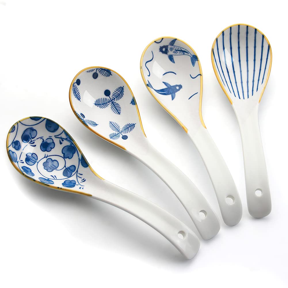 IQCWOOD Asian Soup Spoons, 6.2inch Ceramic Chinese Soup Spoons, Japanese Soup Spoon for Ramen Pho Wonton Dumpling Miso,4pcs