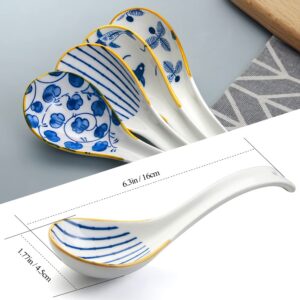 IQCWOOD Asian Soup Spoons, 6.2inch Ceramic Chinese Soup Spoons, Japanese Soup Spoon for Ramen Pho Wonton Dumpling Miso,4pcs