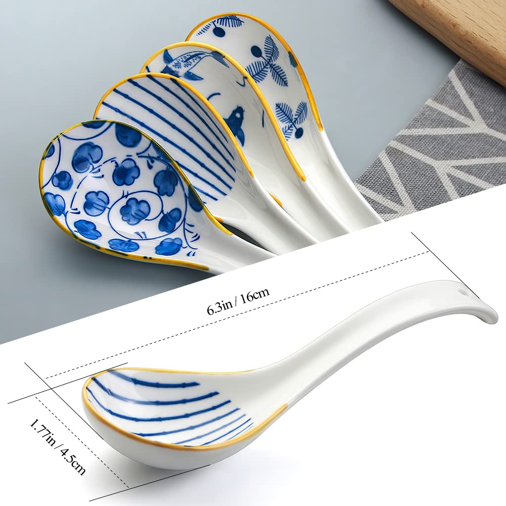 IQCWOOD Asian Soup Spoons, 6.2inch Ceramic Chinese Soup Spoons, Japanese Soup Spoon for Ramen Pho Wonton Dumpling Miso,4pcs