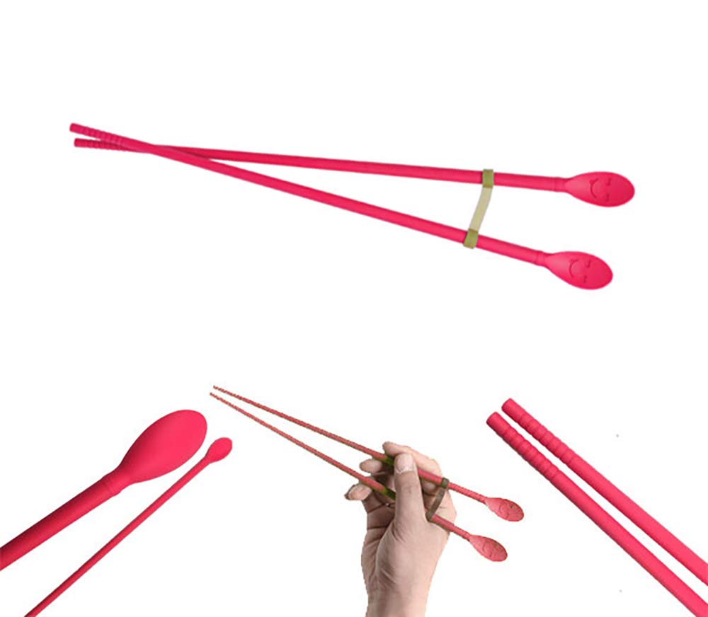 Silicone Cooking Chopsticks with Spoon and Band | 12in (30.5cm) | Stainless Steel Reinforced | Safe Frying, Hot Pot | Made in Korea (Red)