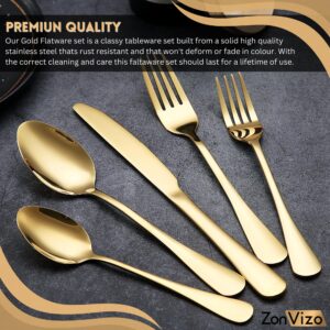 Zonvizo 20 Piece Gold Flatware Set, Spoons and Fork Set, Stainless Steel Tableware Service Cutlery Set, Mirror Finish with Timeless Elegance Dishwasher Safe (Gold)