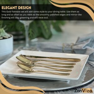 Zonvizo 20 Piece Gold Flatware Set, Spoons and Fork Set, Stainless Steel Tableware Service Cutlery Set, Mirror Finish with Timeless Elegance Dishwasher Safe (Gold)