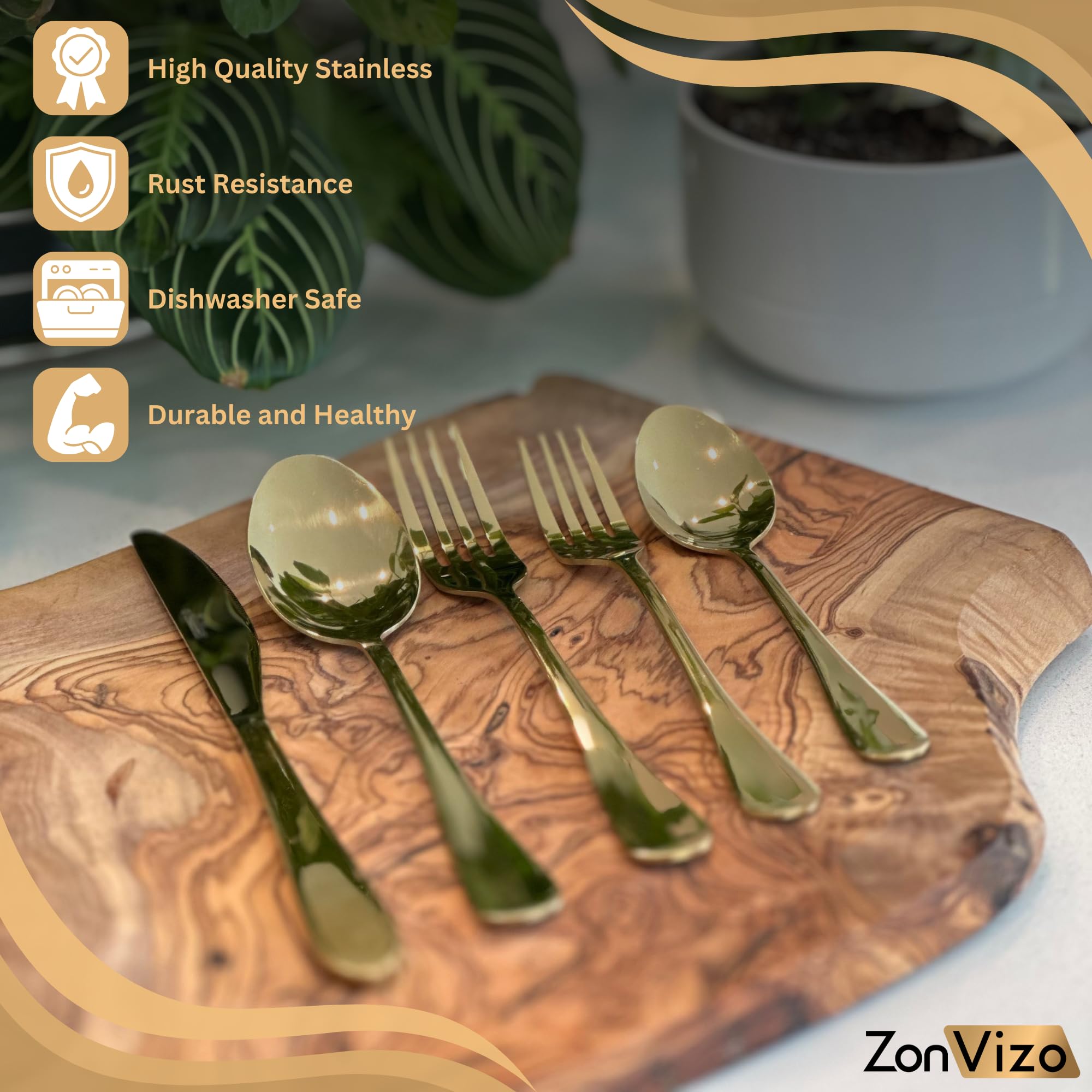 Zonvizo 20 Piece Gold Flatware Set, Spoons and Fork Set, Stainless Steel Tableware Service Cutlery Set, Mirror Finish with Timeless Elegance Dishwasher Safe (Gold)