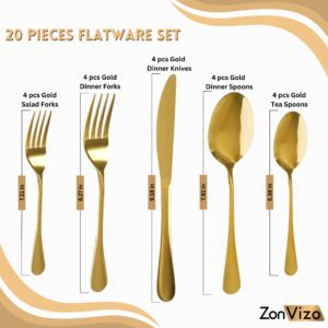 Zonvizo 20 Piece Gold Flatware Set, Spoons and Fork Set, Stainless Steel Tableware Service Cutlery Set, Mirror Finish with Timeless Elegance Dishwasher Safe (Gold)