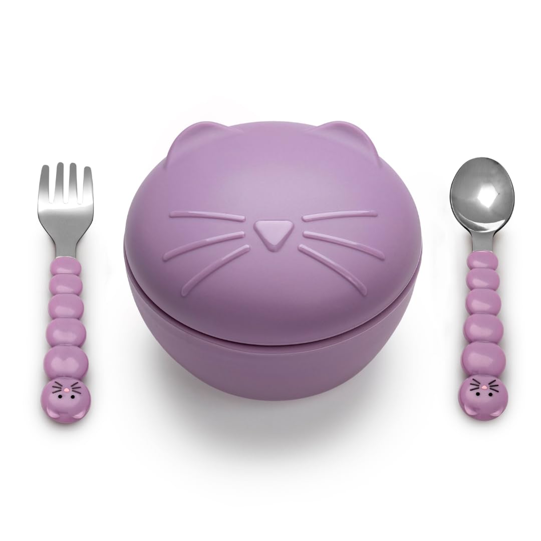 melii Silicone Bowl with Lid & Utensils – spoon and fork for Baby, Toddlers and Kids, BPA Free, Dishwasher & Microwave Safe (Cat)