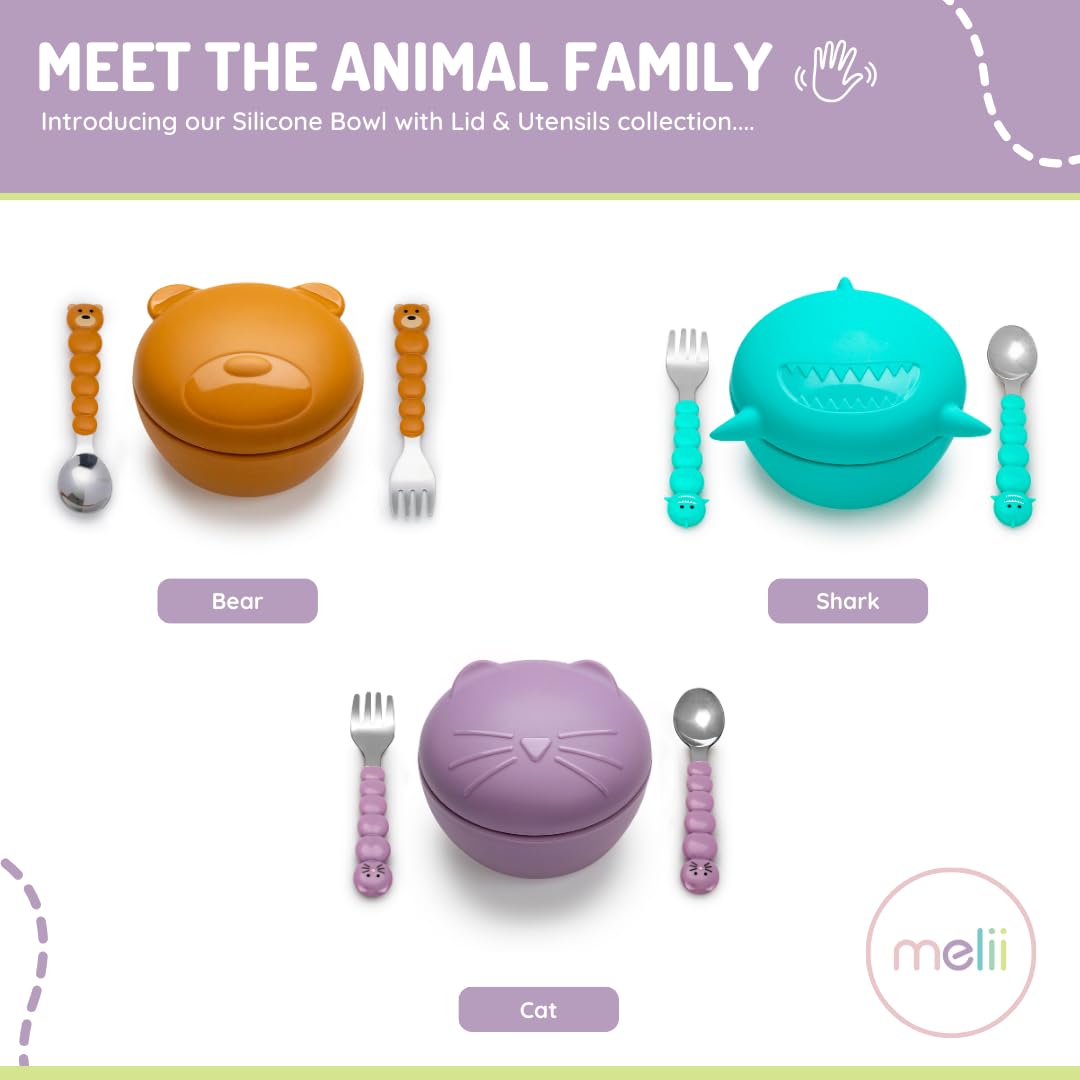 melii Silicone Bowl with Lid & Utensils – spoon and fork for Baby, Toddlers and Kids, BPA Free, Dishwasher & Microwave Safe (Cat)