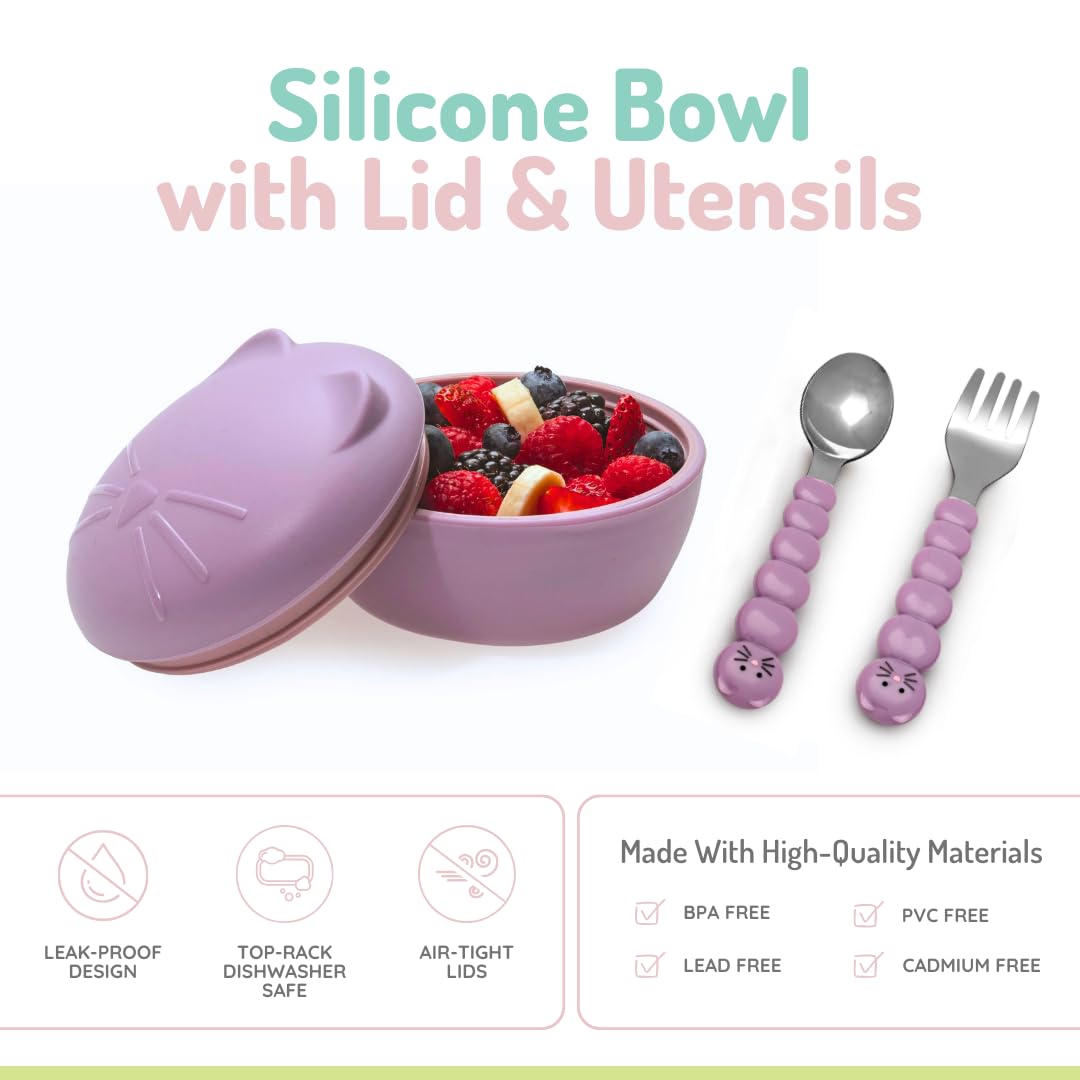 melii Silicone Bowl with Lid & Utensils – spoon and fork for Baby, Toddlers and Kids, BPA Free, Dishwasher & Microwave Safe (Cat)