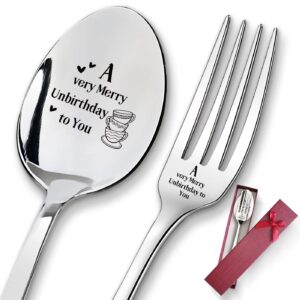 2 pieces a very merry unbirthday to you - engraved stainless spoon and fork set, kitchen restaurant long handle dinner spoop and fork for friends sister birthday graduation christmas gifts