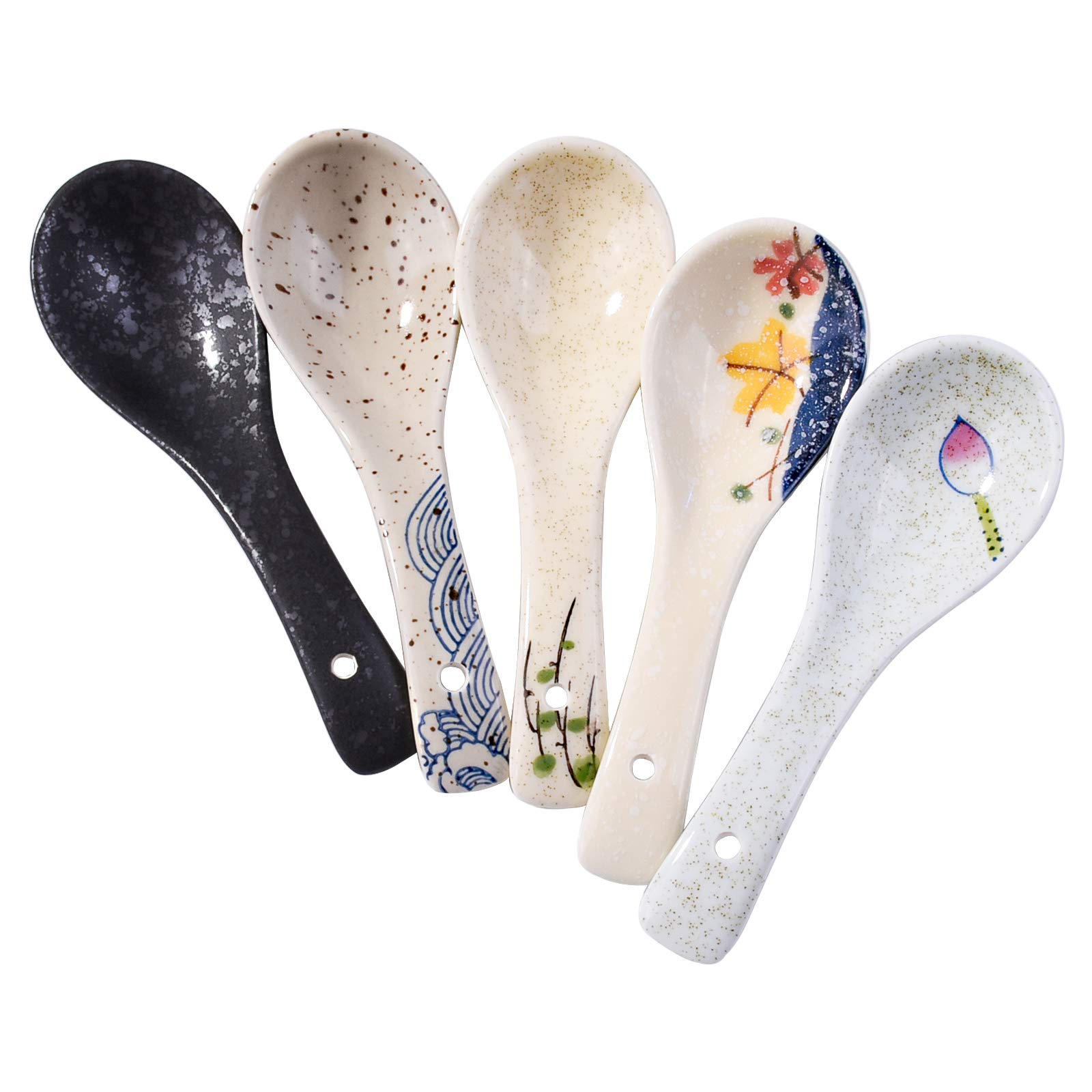 Japanese Soup Spoons Set of 5, Delicate Ceramic Spoon Asian Spoons Suitable for Soup, Gravy, Cake, Ramen, Pho, Oatmeal, Chaos, Dumplings,Salad, As A Good Gift