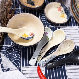 Japanese Soup Spoons Set of 5, Delicate Ceramic Spoon Asian Spoons Suitable for Soup, Gravy, Cake, Ramen, Pho, Oatmeal, Chaos, Dumplings,Salad, As A Good Gift