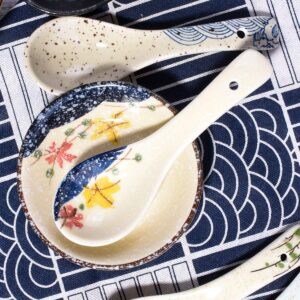 Japanese Soup Spoons Set of 5, Delicate Ceramic Spoon Asian Spoons Suitable for Soup, Gravy, Cake, Ramen, Pho, Oatmeal, Chaos, Dumplings,Salad, As A Good Gift