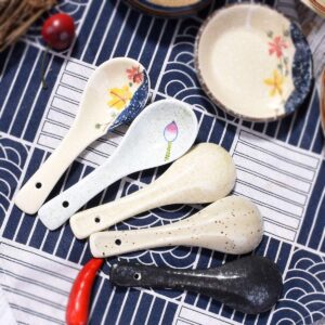 Japanese Soup Spoons Set of 5, Delicate Ceramic Spoon Asian Spoons Suitable for Soup, Gravy, Cake, Ramen, Pho, Oatmeal, Chaos, Dumplings,Salad, As A Good Gift