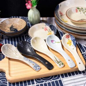 Japanese Soup Spoons Set of 5, Delicate Ceramic Spoon Asian Spoons Suitable for Soup, Gravy, Cake, Ramen, Pho, Oatmeal, Chaos, Dumplings,Salad, As A Good Gift