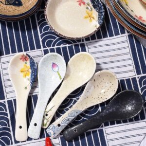 Japanese Soup Spoons Set of 5, Delicate Ceramic Spoon Asian Spoons Suitable for Soup, Gravy, Cake, Ramen, Pho, Oatmeal, Chaos, Dumplings,Salad, As A Good Gift