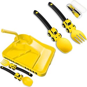 a set of toddler's plates set and a set of toddler's fork and spoon set, construction toddler utensils, suitable for kids utensils.