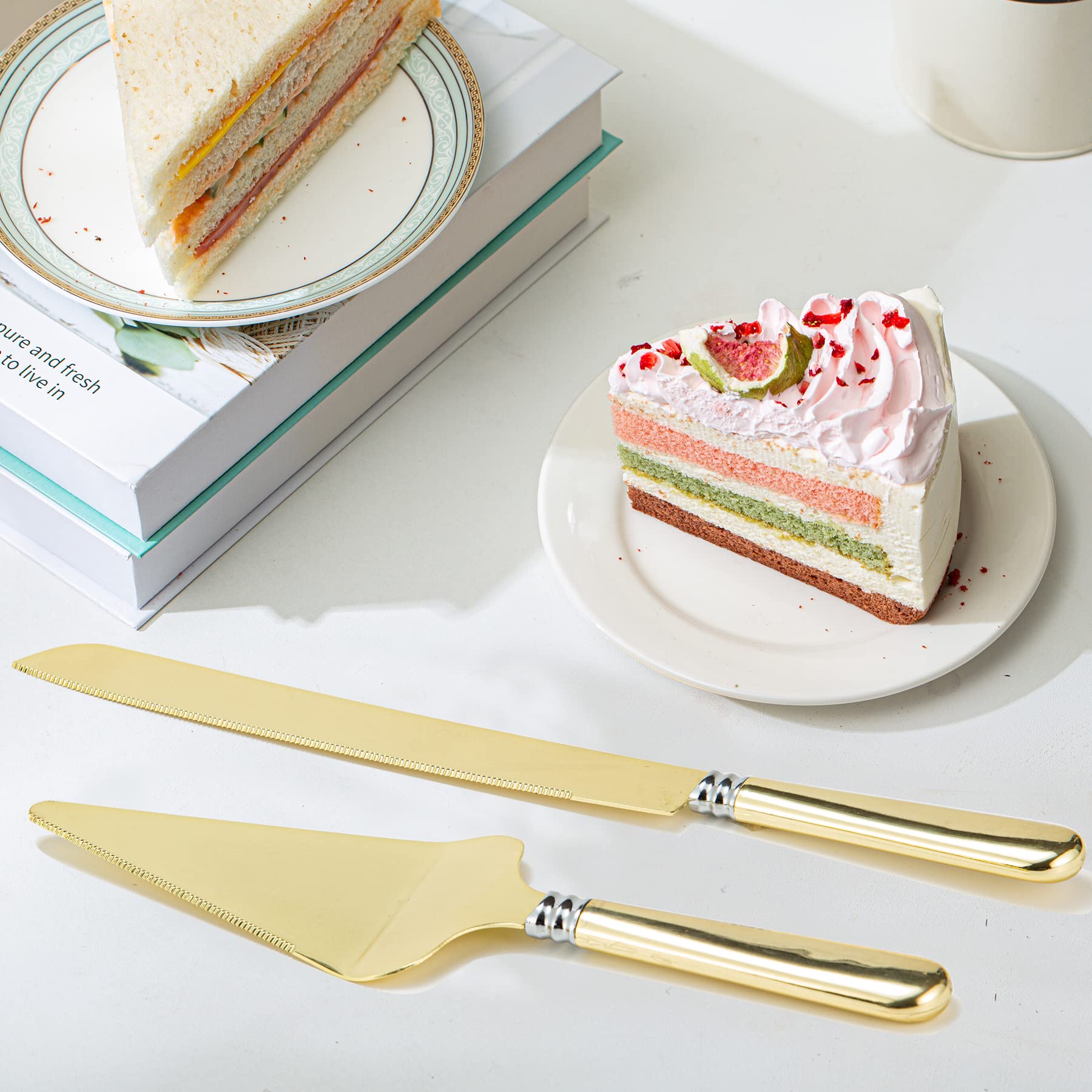 iooiluxry Wedding Cake Knife and Server Set, Cake Cutting Set for Wedding 402 Stainless Steel Blade and ABS Gold Plated Handle Cake Cutter & Pie Server Set for Birthdays, Anniversary, Parties