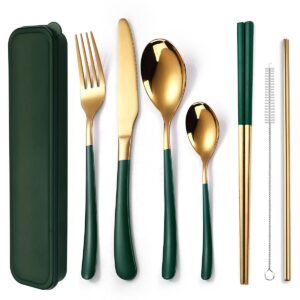 aarainbow 7 pieces stainless steel flatware set portable reusable cutlery set travel utensils set including chopsticks knife fork spoon straws cleaning brush dishwasher safe (7 green golden)
