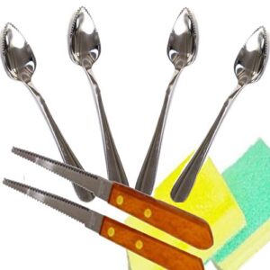 four (4) grapefruit spoons and two (2) grapefruit knives, stainless steel, serrated edges with bonus sponges