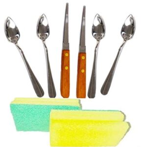 Four (4) Grapefruit Spoons and Two (2) Grapefruit Knives, Stainless Steel, Serrated Edges With BONUS Sponges