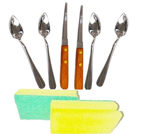 Four (4) Grapefruit Spoons and Two (2) Grapefruit Knives, Stainless Steel, Serrated Edges With BONUS Sponges