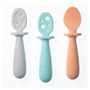 kiinde silicone baby spoons | set of 3 toddler utensils for teething & baby led weaning | developmental meal set of non-toxic self feeding baby utensils & spoons | for kids ages 0-12 months & beyond