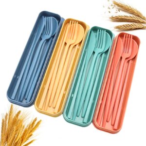 onetwothree wheat straw cutlery,4 sets portable cutlery set,reusable spoon fork chopsticks tableware set for celebrate holidays picnics daily use travel flatware set(4 colors,with storage box)