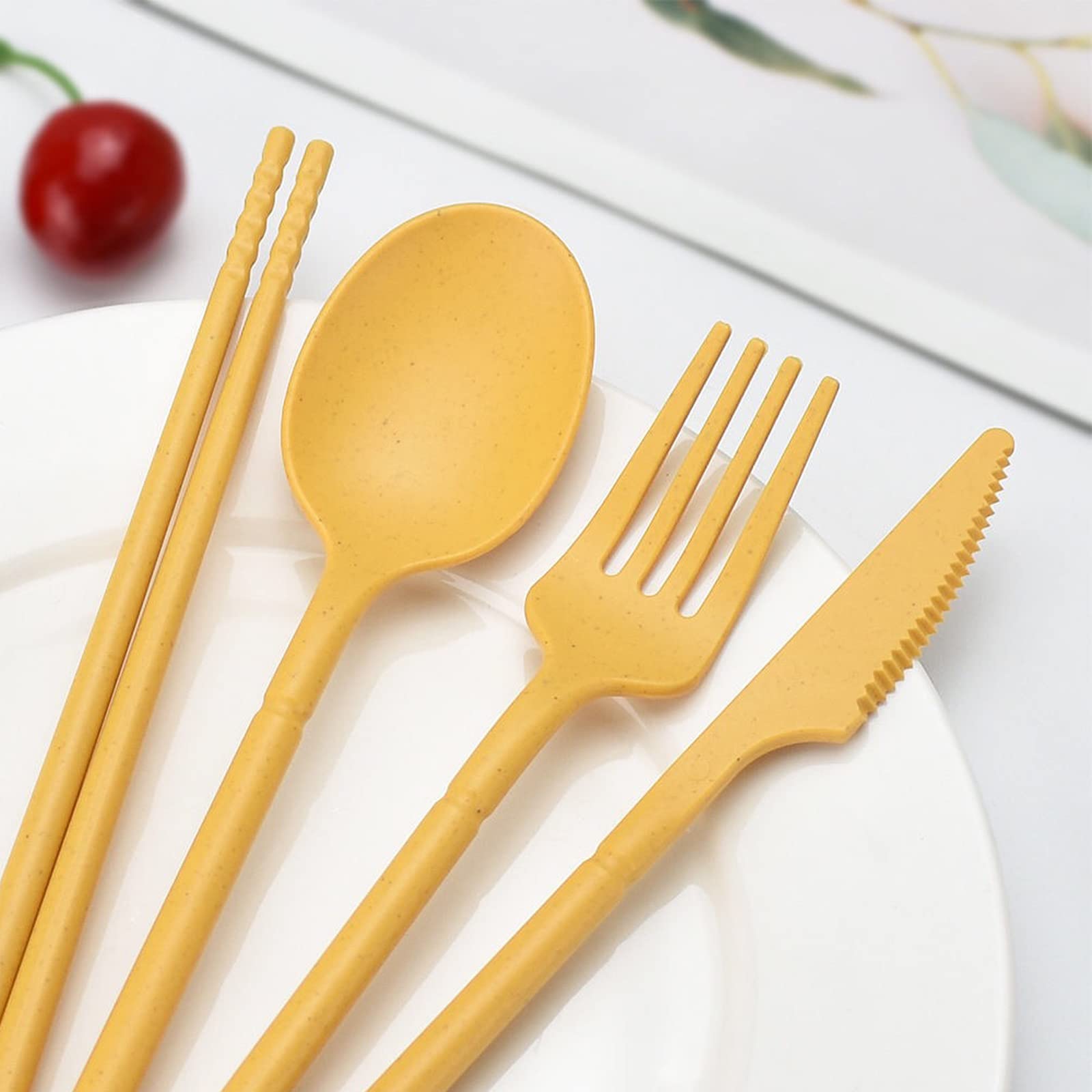 Onetwothree Wheat Straw Cutlery,4 Sets Portable Cutlery Set,Reusable Spoon Fork Chopsticks Tableware Set for Celebrate Holidays Picnics Daily Use Travel Flatware Set(4 Colors,With Storage Box)