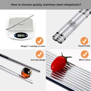 Chopsticks Reusable Metal Chopsticks 304 Stainless Steel Chopstick Set Square Non-slip Dishwasher Safe Premium Quality Lightweight Reusable Chop Sticks Japanese Korean Laser Engraved 10 Pairs Gift Set