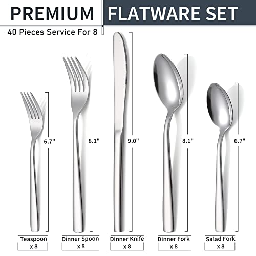 Flatware Set for 8, 40 Piece Silverware Set Premium Stainless Steel Square Cutlery Set Include Fork Spoon Knife Kitchen Tableware Utensil Set, Smooth Thickened Edge Mirror Polished, Briout