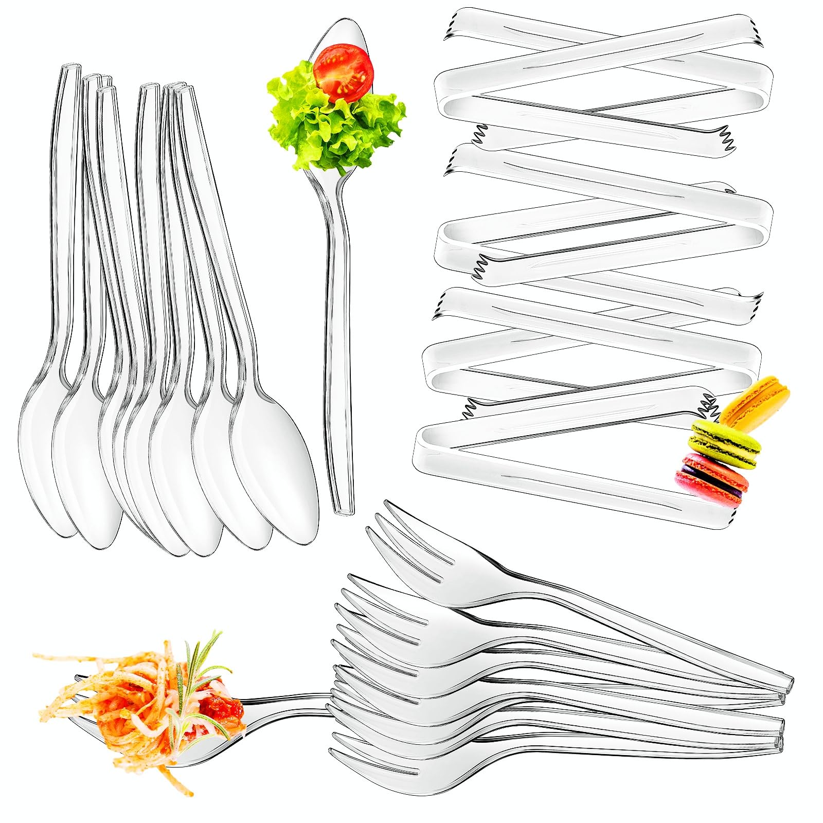 Sabary 72 Pcs Plastic Serving Utensils with 24 Pcs 9" Serving Spoons 24 Pcs 9" Serving Forks 24 Pcs 6" Serving Tongs Heavy Duty Disposable Serving Utensils for Salad Food Buffet Parties Catering