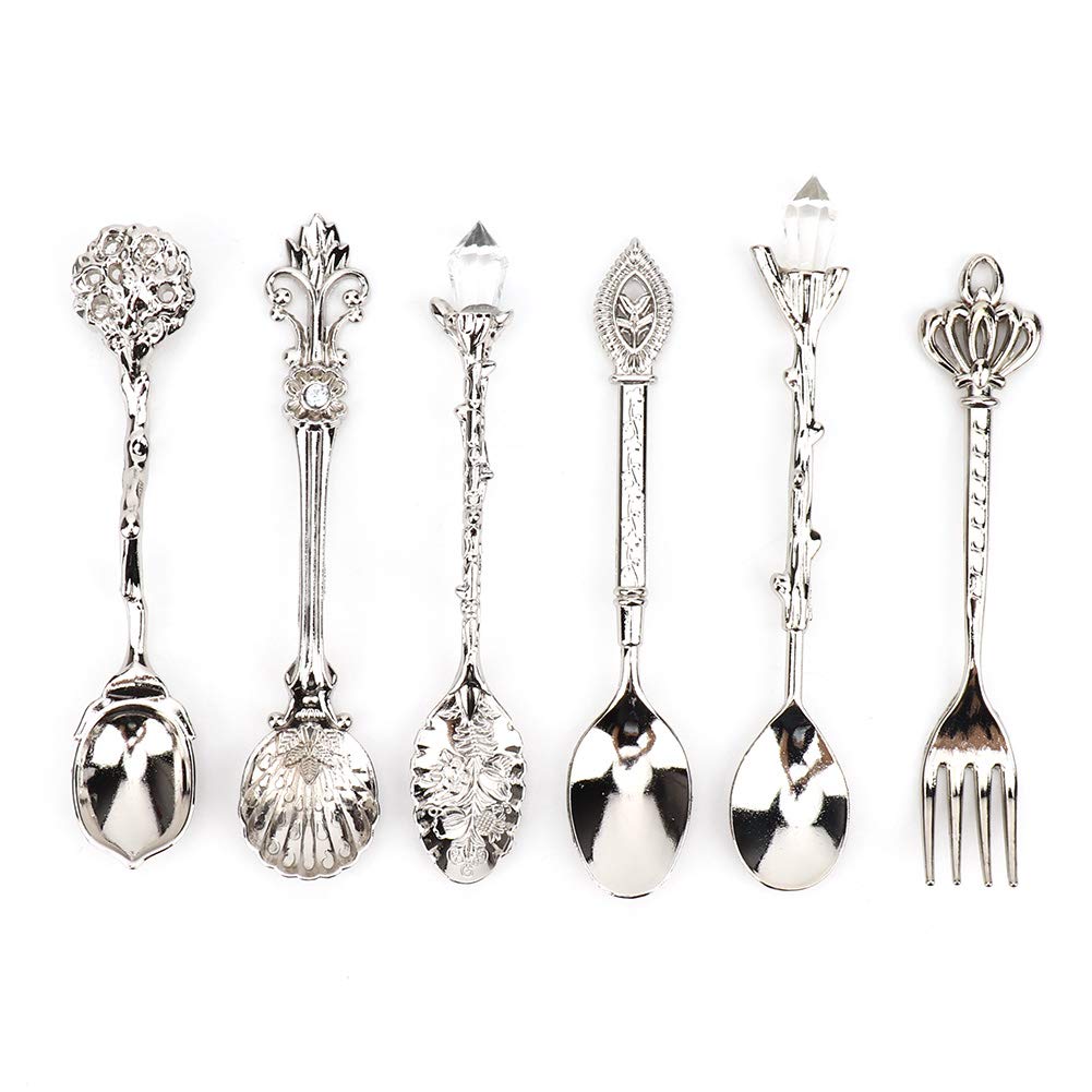 6Pcs Teaspoon Set, Small Vintage Retro Royal Zinc Alloy Dessert Spoon with Fork Silverware Tableware Coffee Spoon for Home Kitchen Cafe Sugar Stir Ice Cream Cake