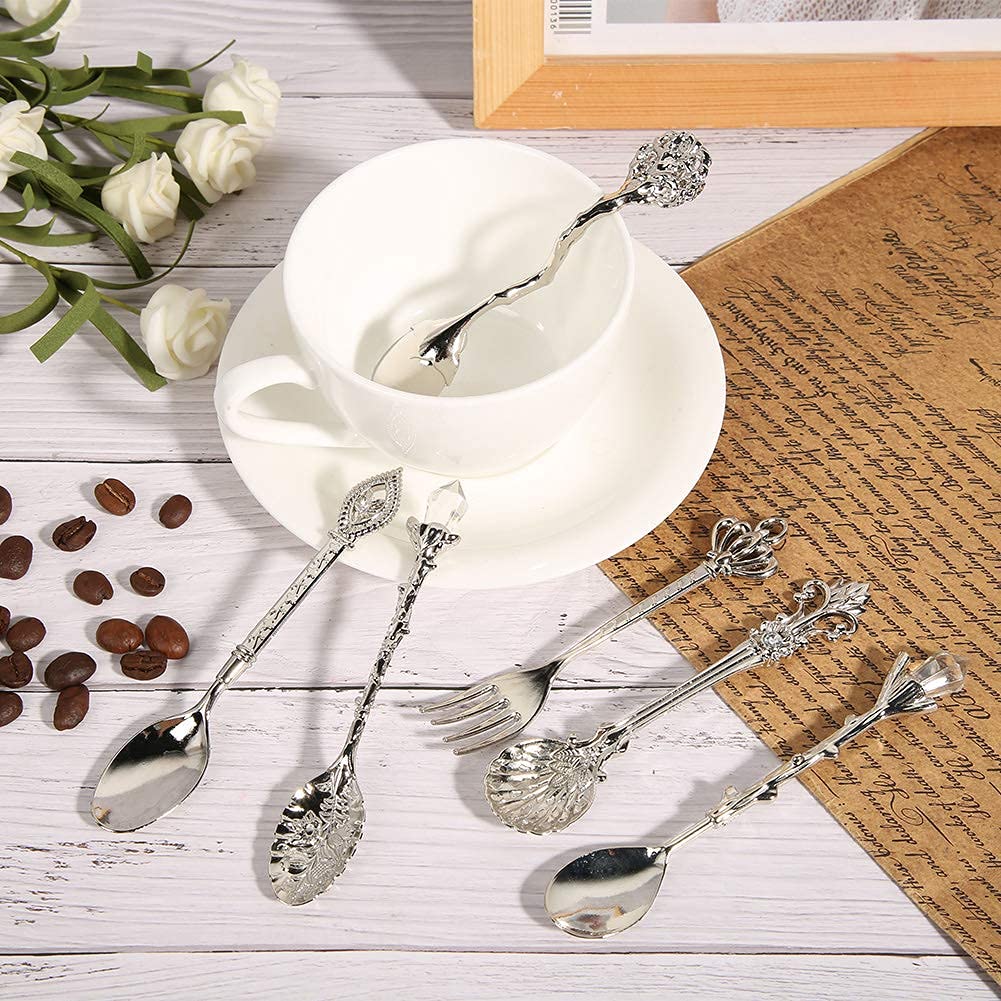 6Pcs Teaspoon Set, Small Vintage Retro Royal Zinc Alloy Dessert Spoon with Fork Silverware Tableware Coffee Spoon for Home Kitchen Cafe Sugar Stir Ice Cream Cake