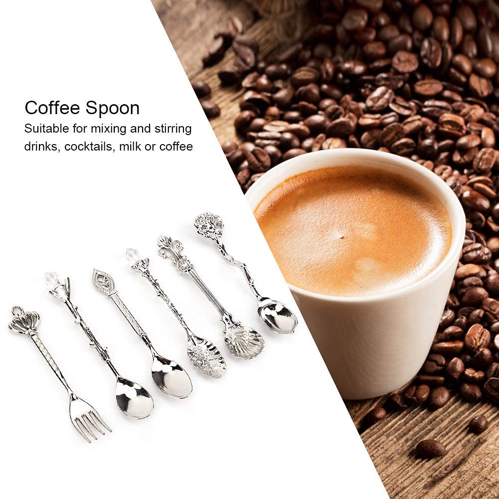 6Pcs Teaspoon Set, Small Vintage Retro Royal Zinc Alloy Dessert Spoon with Fork Silverware Tableware Coffee Spoon for Home Kitchen Cafe Sugar Stir Ice Cream Cake