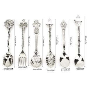 6Pcs Teaspoon Set, Small Vintage Retro Royal Zinc Alloy Dessert Spoon with Fork Silverware Tableware Coffee Spoon for Home Kitchen Cafe Sugar Stir Ice Cream Cake