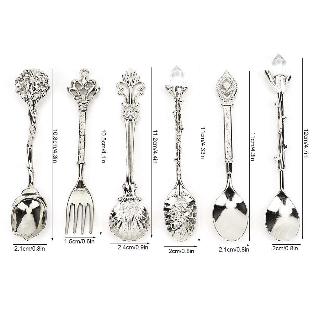 6Pcs Teaspoon Set, Small Vintage Retro Royal Zinc Alloy Dessert Spoon with Fork Silverware Tableware Coffee Spoon for Home Kitchen Cafe Sugar Stir Ice Cream Cake