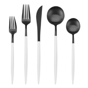 matte black silverware set with white handle, bysta 5-piece stainless steel flatware set, kitchen utensil set service for 1, tableware cutlery set for home and restaurant, dishwasher safe